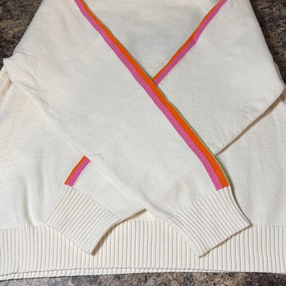 Shiraleah Cream "WEEKEND" Pullover Sweater Retro Rainbow Sleeves Size L NWT! - Picture 13 of 16